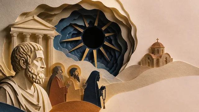 Ancient philosopher with long beard on left beside Byzantine saint icon with golden halo on right, labeled "Apophatic…