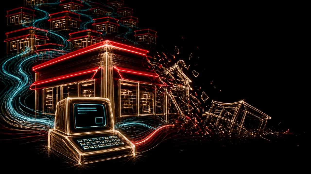 Vintage RadioShack store and electronics collage with a suited man and bold text reading THEN IT DISAPPEARED