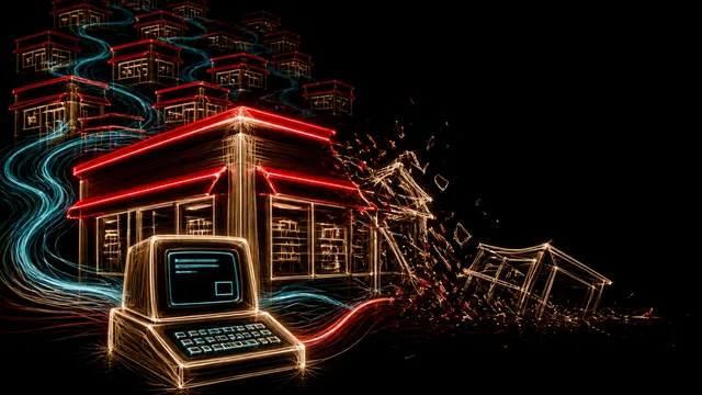 Vintage RadioShack store and electronics collage with a suited man and bold text reading THEN IT DISAPPEARED