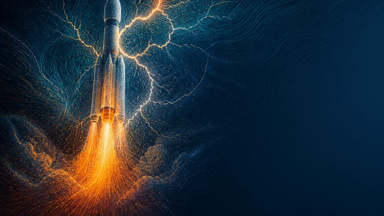 A rocket launching into a stormy sky with lightning bolts striking it, accompanied by text explaining why rockets attract…