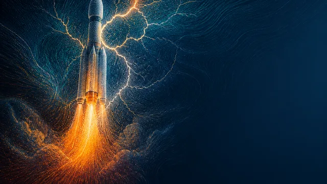 A rocket launching into a stormy sky with lightning bolts striking it, accompanied by text explaining why rockets attract…