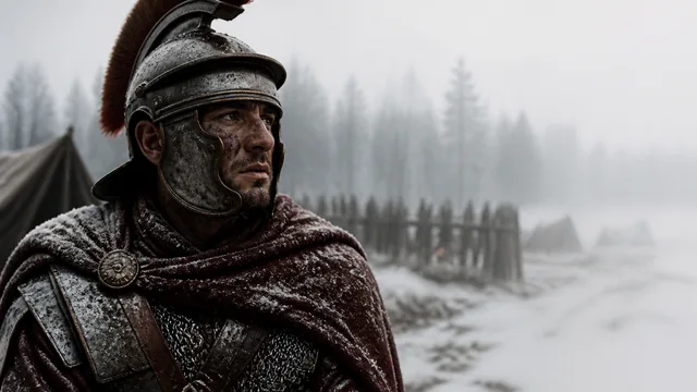 Fierce bearded warrior in ornate Roman armor with frost-covered helmet and shoulders, set against a snowy military camp…