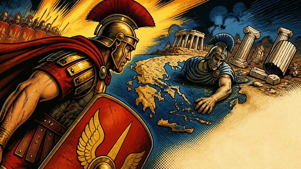Ancient map comparing Roman and Greek warriors with "ROME > GREECE" text, SPQR eagle symbol, and Empire territory…