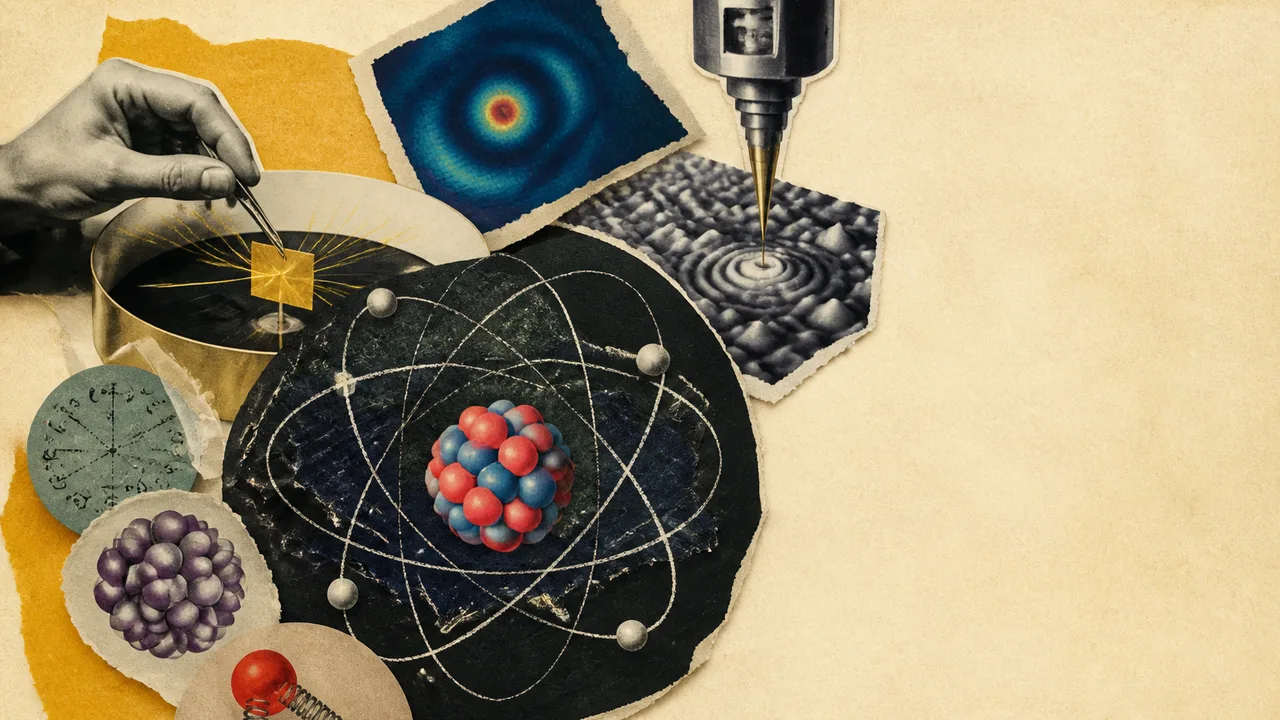 Man in a blue shirt points at a glowing atom model beside bold text “REVEALING THE SECRET”