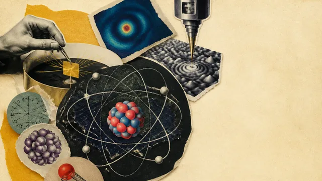 Man in a blue shirt points at a glowing atom model beside bold text “REVEALING THE SECRET”