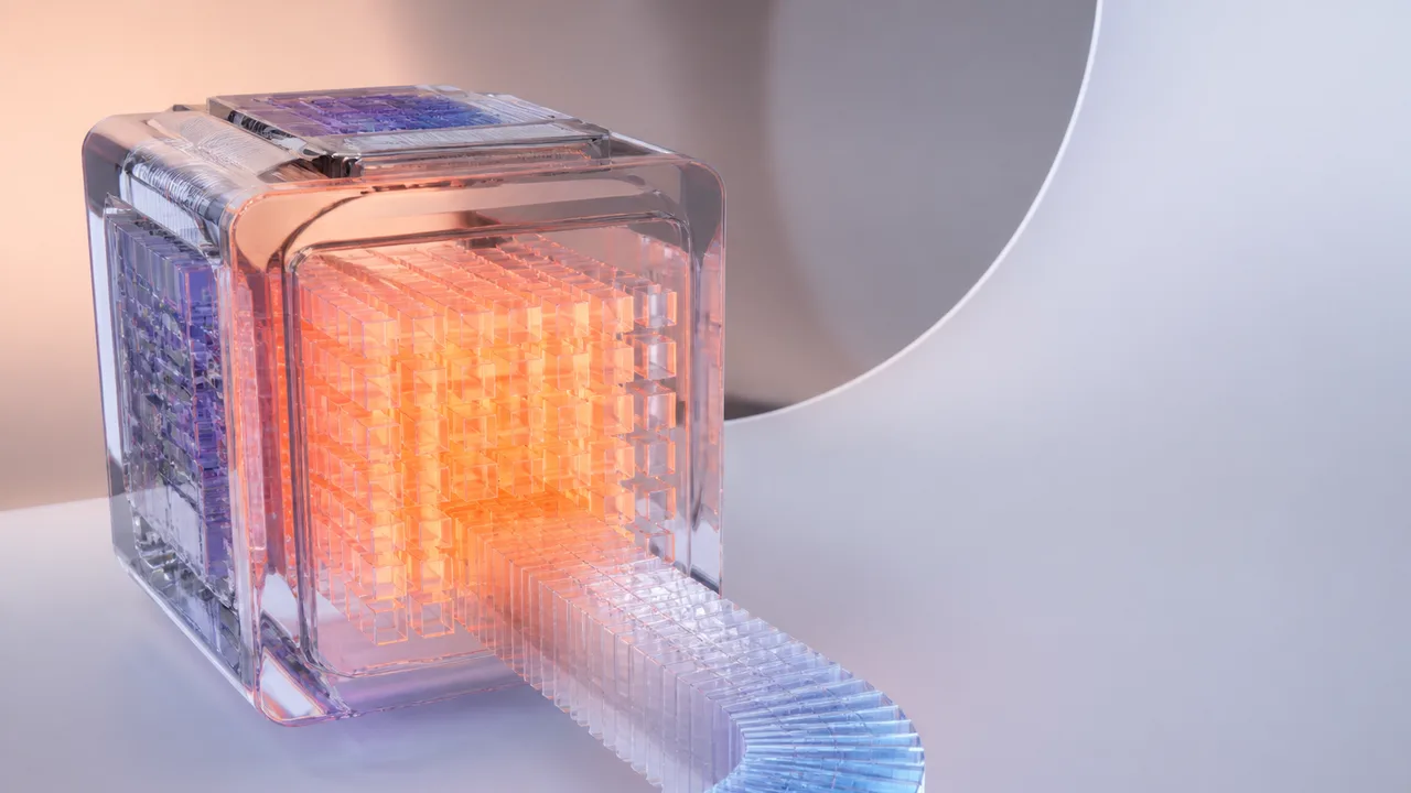 Purple-and-white cube labeled “UNDER 3GB” on a glowing platform beneath “1M CONTEXT?!” and “MODEL DOWNLOAD”