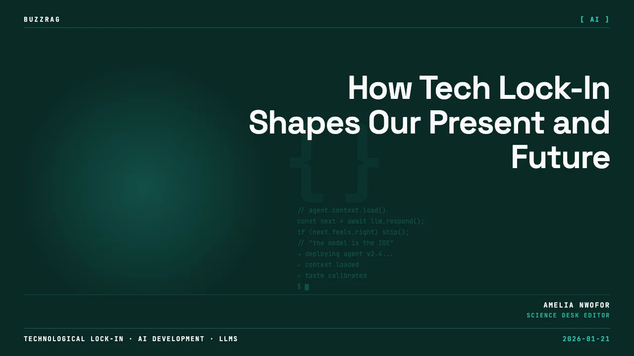 Two men with microphones flank an orange typewriter against a digital green background with binary code pattern
