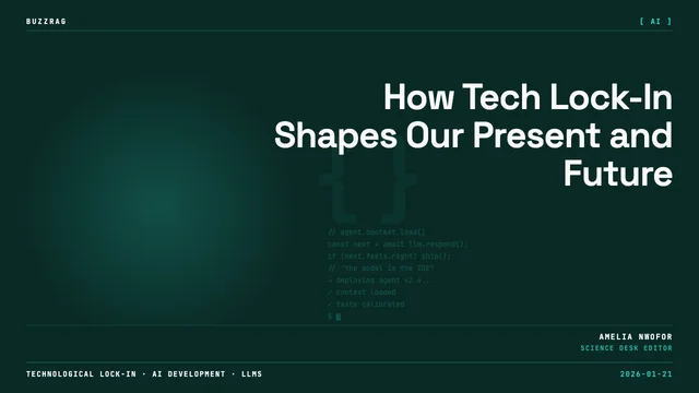 Two men with microphones flank an orange typewriter against a digital green background with binary code pattern