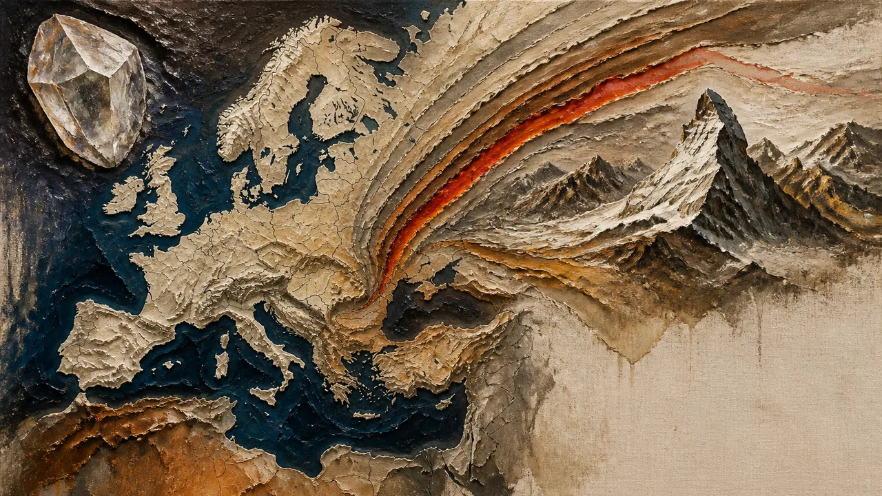 A cross-section view of Earth's continents in tan and beige against a dark background, with blue lines indicating tectonic…