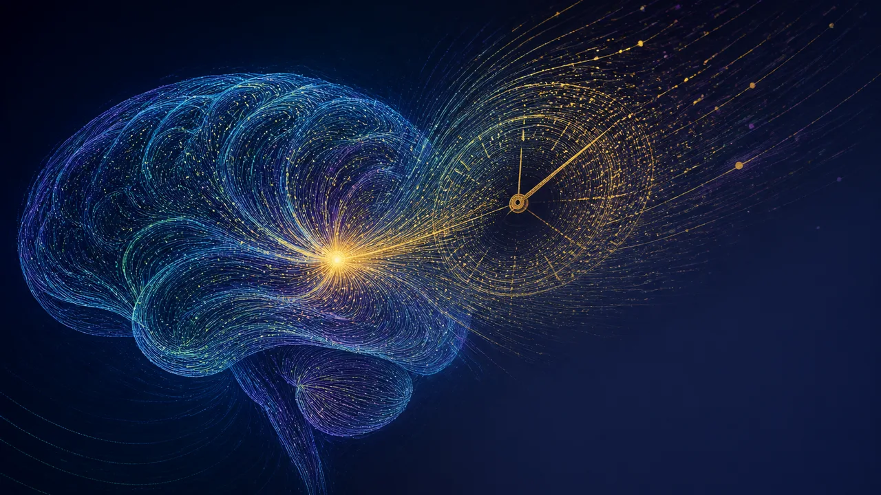 Two men in discussion with a clock and brain illustration behind them, exploring the neuroscience of time perception.