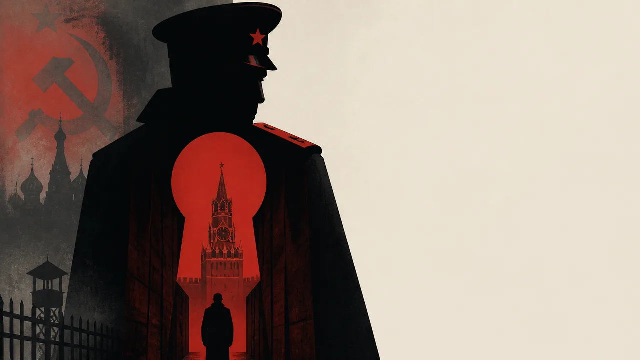 A stark Soviet-era building with shadowy figures projected on its facade, set in a snowy Moscow square with the title…