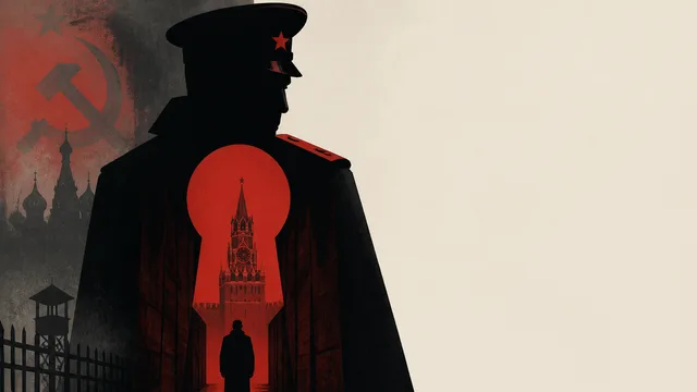 A stark Soviet-era building with shadowy figures projected on its facade, set in a snowy Moscow square with the title…