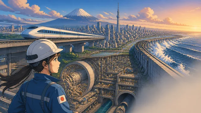 Interior view of a massive circular tunnel with yellow industrial cranes, equipment, and workers, showcasing advanced…
