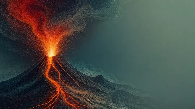 Dramatic split-screen showing flowing lava and volcanic eruption with ash clouds and molten rock formations