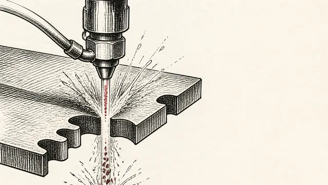 Industrial waterjet cutter spraying pressurized water at a metal plate in a factory workshop setting