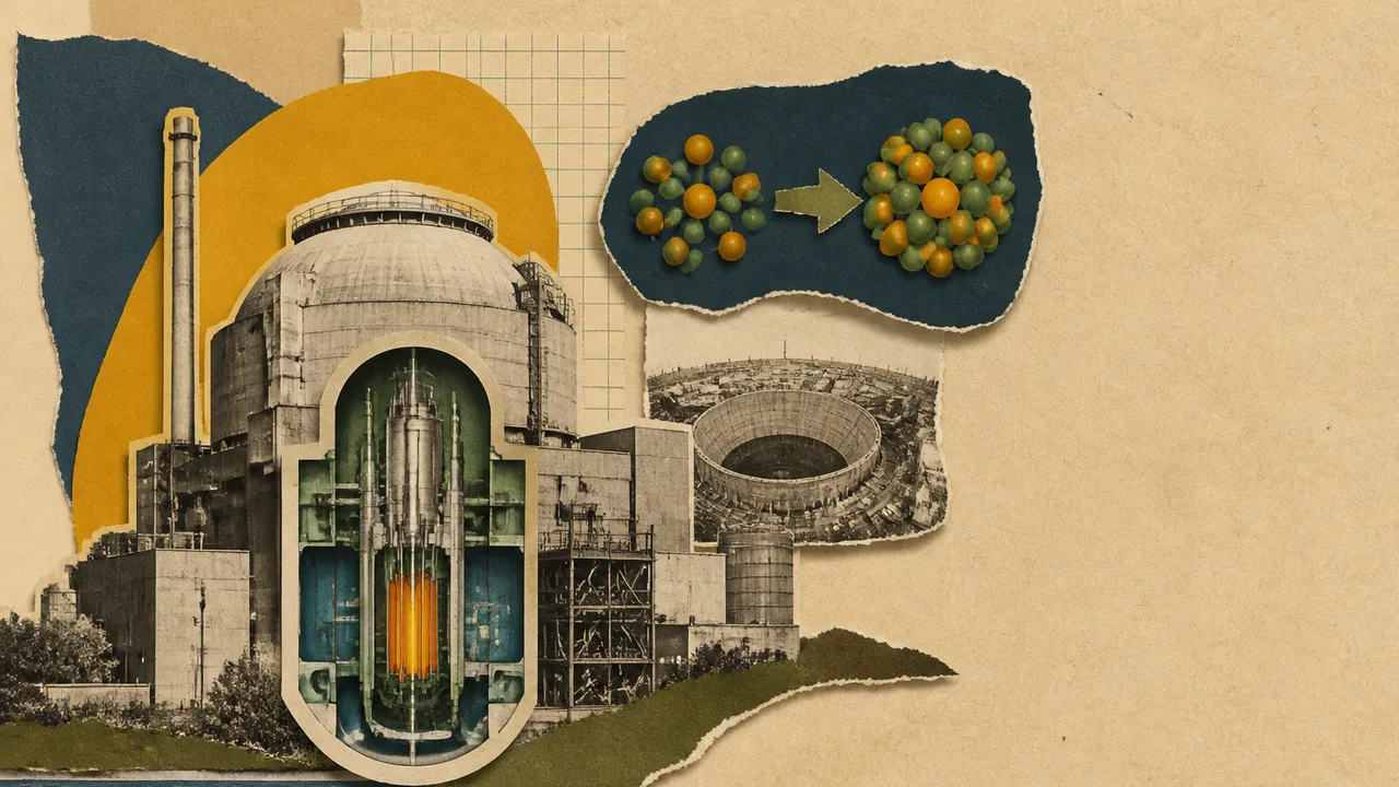 Industrial nuclear facility with pink and green buildings, tall smokestacks, and "FAST BREEDER MILESTONE" text overlay…
