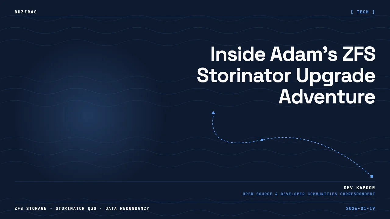 Two men at a keyboard with a red lightning bolt graphic between them on a blue background, with "Adam's Storage Adventure!"…
