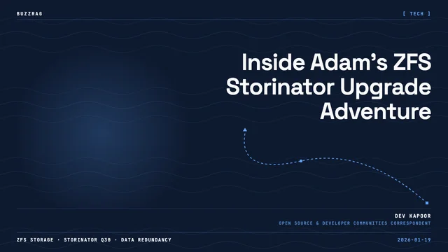Two men at a keyboard with a red lightning bolt graphic between them on a blue background, with "Adam's Storage Adventure!"…