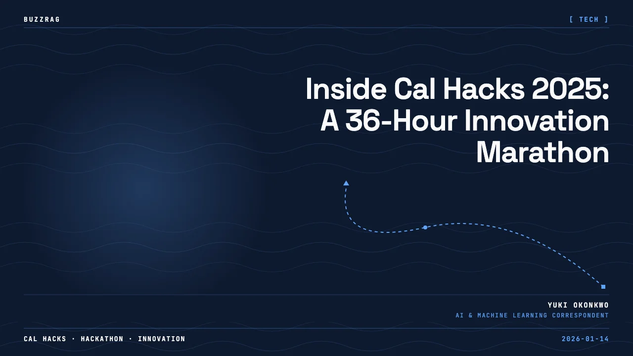Hundreds of participants work at laptops and tables during Berkeley Hackathon, with food and drinks scattered across the…