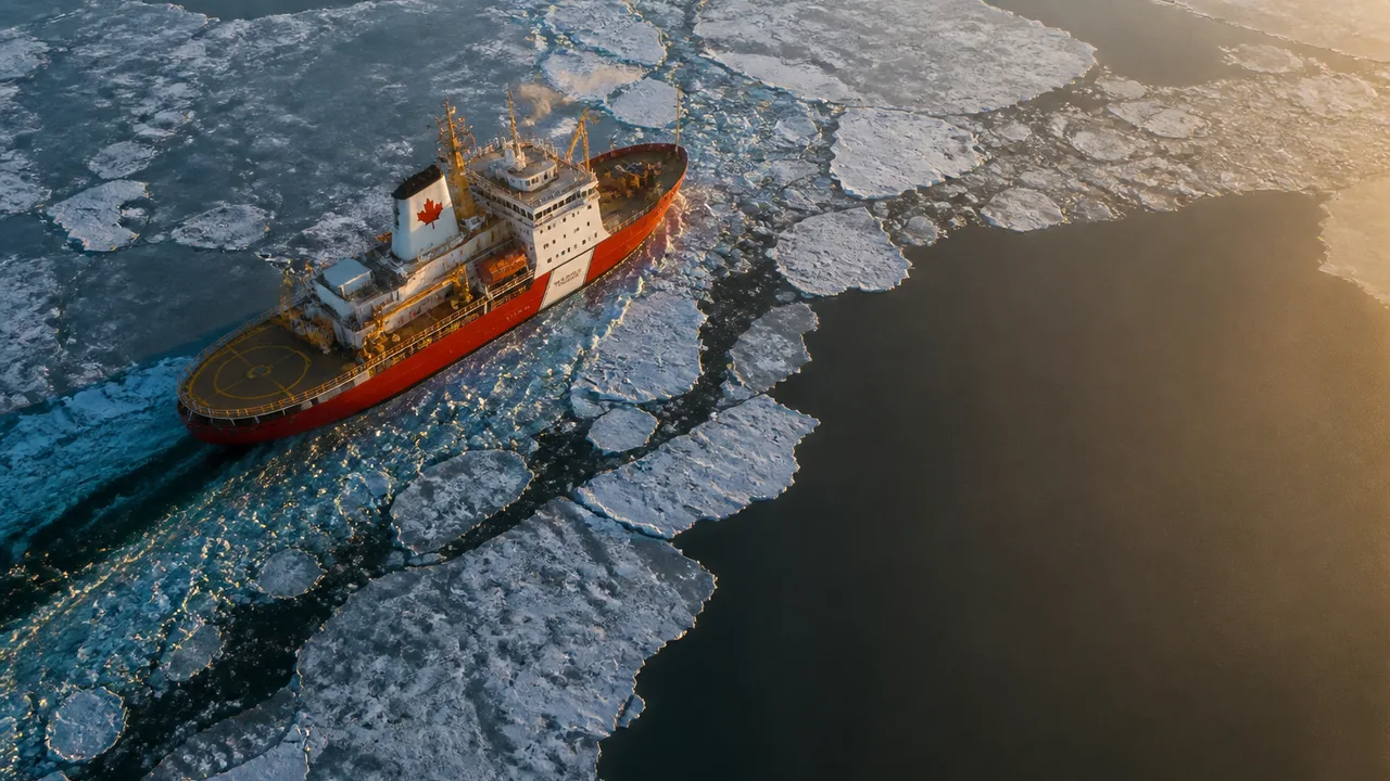 Canadian Coast Guard icebreaker cutting through Arctic ice with rescue vessels and stranded ship in background, "WONDER"…