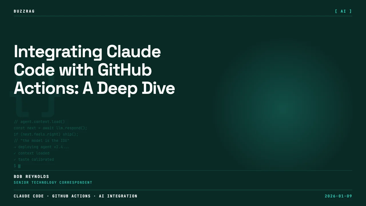 Retro pixel-art styled text reading "CLAUDE CODE" and "GITHUB ACTIONS WORKFLOW" with GitHub's cat logo on a dark gridded…