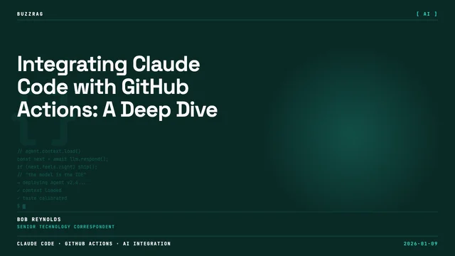 Retro pixel-art styled text reading "CLAUDE CODE" and "GITHUB ACTIONS WORKFLOW" with GitHub's cat logo on a dark gridded…