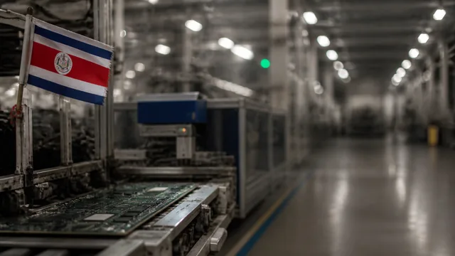 Technician in white coat examines circuit board under precision manufacturing equipment in Intel's Costa Rican facility