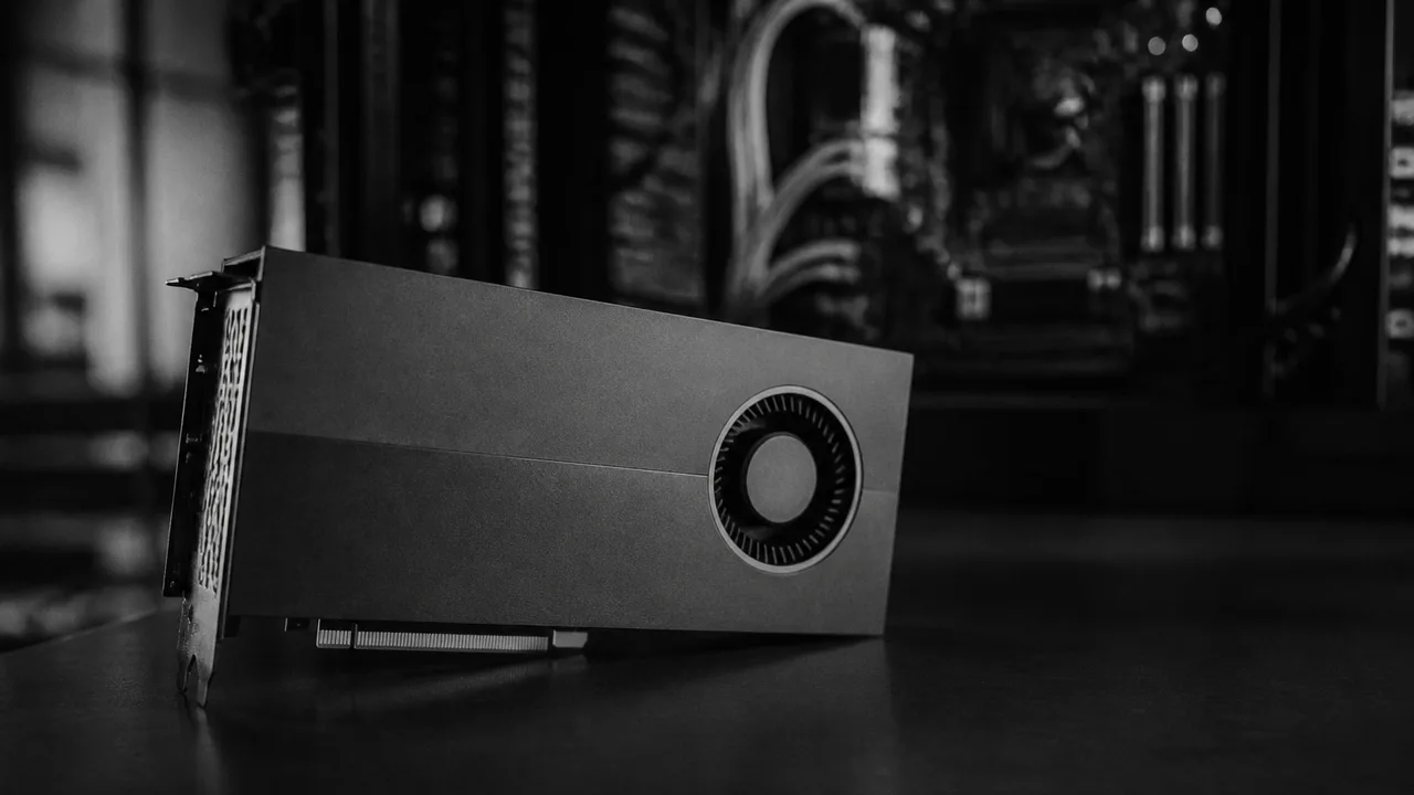 Intel Arc Pro B70 graphics card displayed from the side, showing its blue exterior, yellow memory modules, and cooling fins…