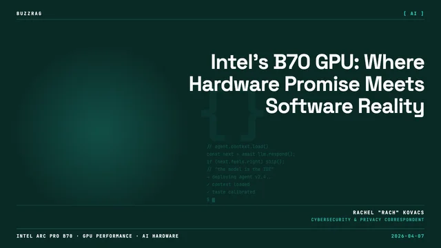 Hands holding a bright blue Intel Arc Pro B70 graphics card against a white surface.