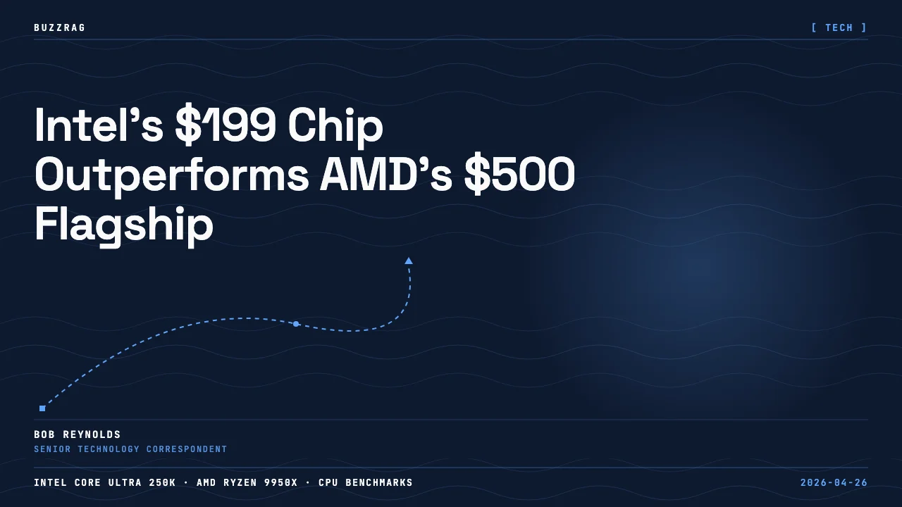 Intel Core Ultra 5 250K processor held in fingers against dark background with "INTEL just WON!" text overlay