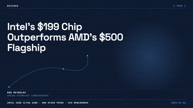 Intel Core Ultra 5 250K processor held in fingers against dark background with "INTEL just WON!" text overlay
