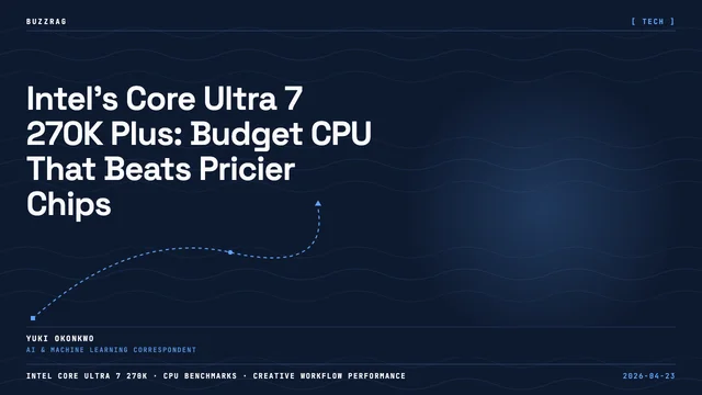 Hand holding Intel Core Ultra 5 processor with "AMD" and "R.I.P" text overlaid, suggesting competitive comparison