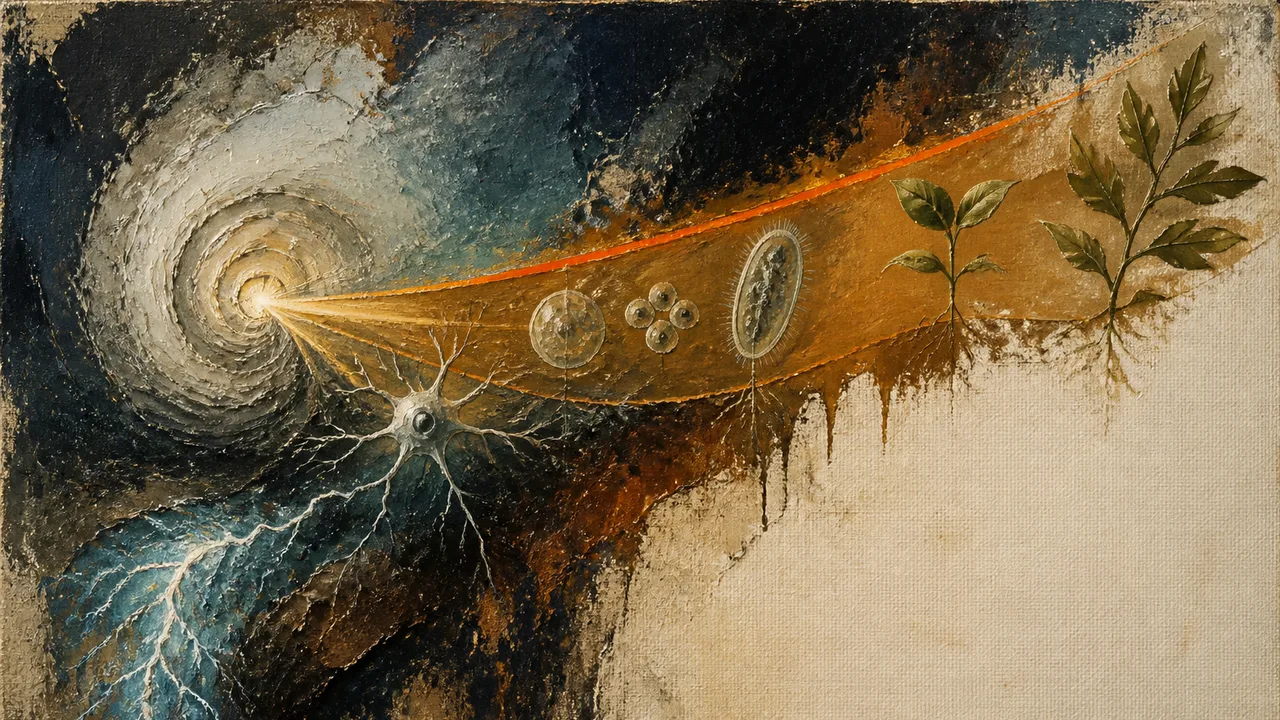 A single cell and brain connected by a glowing beam with "CAN CELLS THINK?" text, exploring cellular intelligence beyond…
