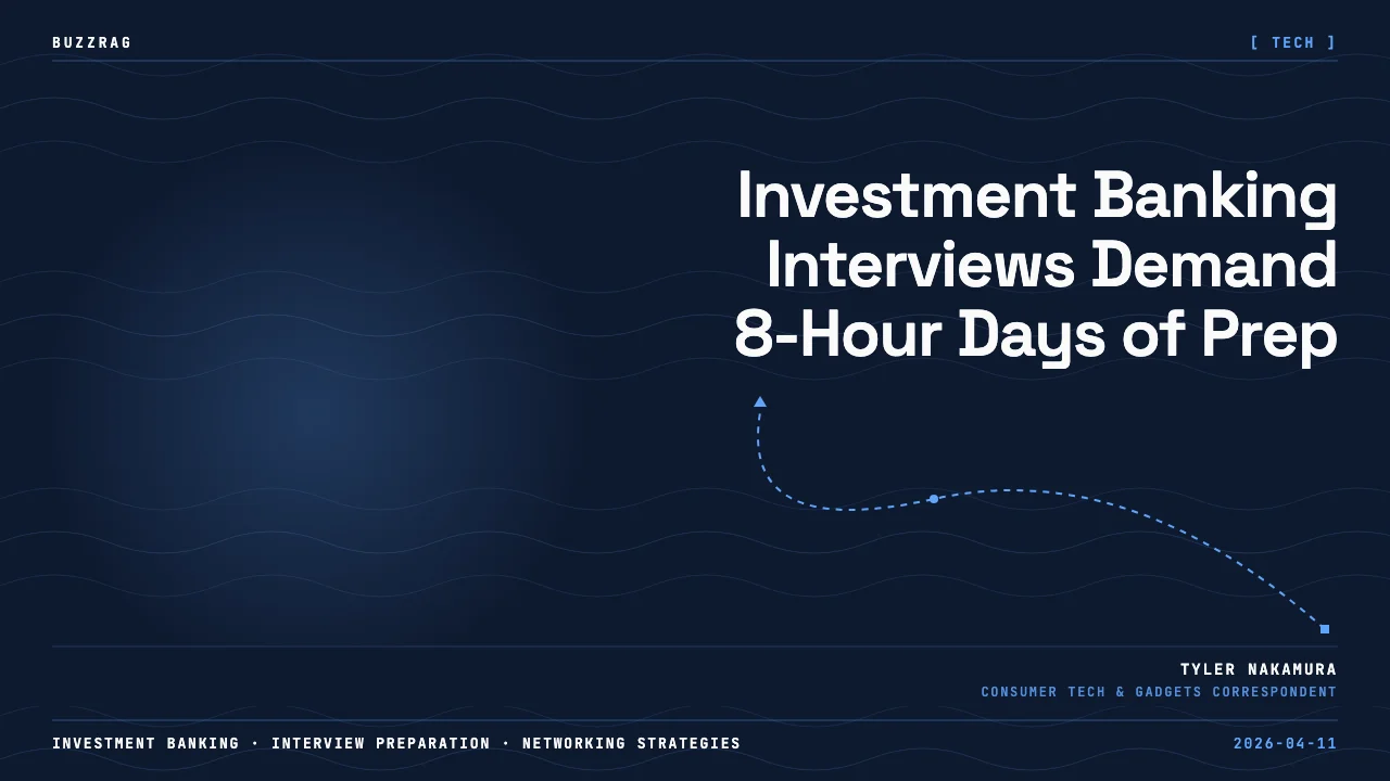 Young man wearing glasses and blue shirt speaks to camera against dark background with "Investment Banking Interview Prep"…