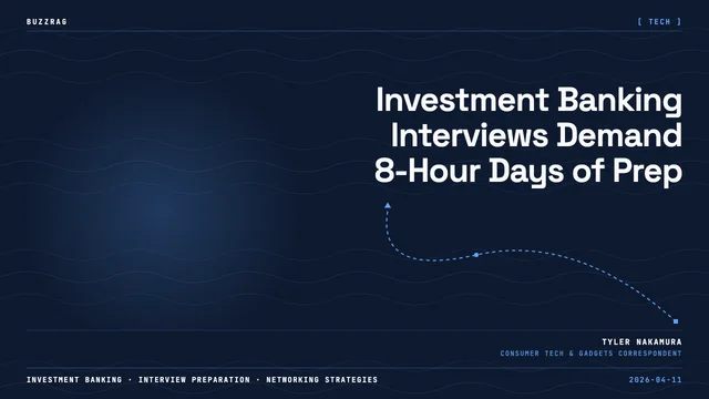 Young man wearing glasses and blue shirt speaks to camera against dark background with "Investment Banking Interview Prep"…