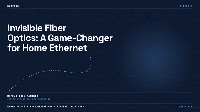 Hand holding a thin fiber optic cable against an orange background with network node graphics and "HIDDEN ETHERNET USING…