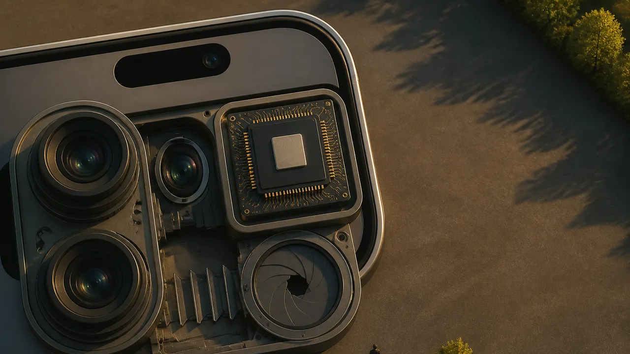 Close-up of a blue iPhone's triple camera system with bokeh lighting effects in the background