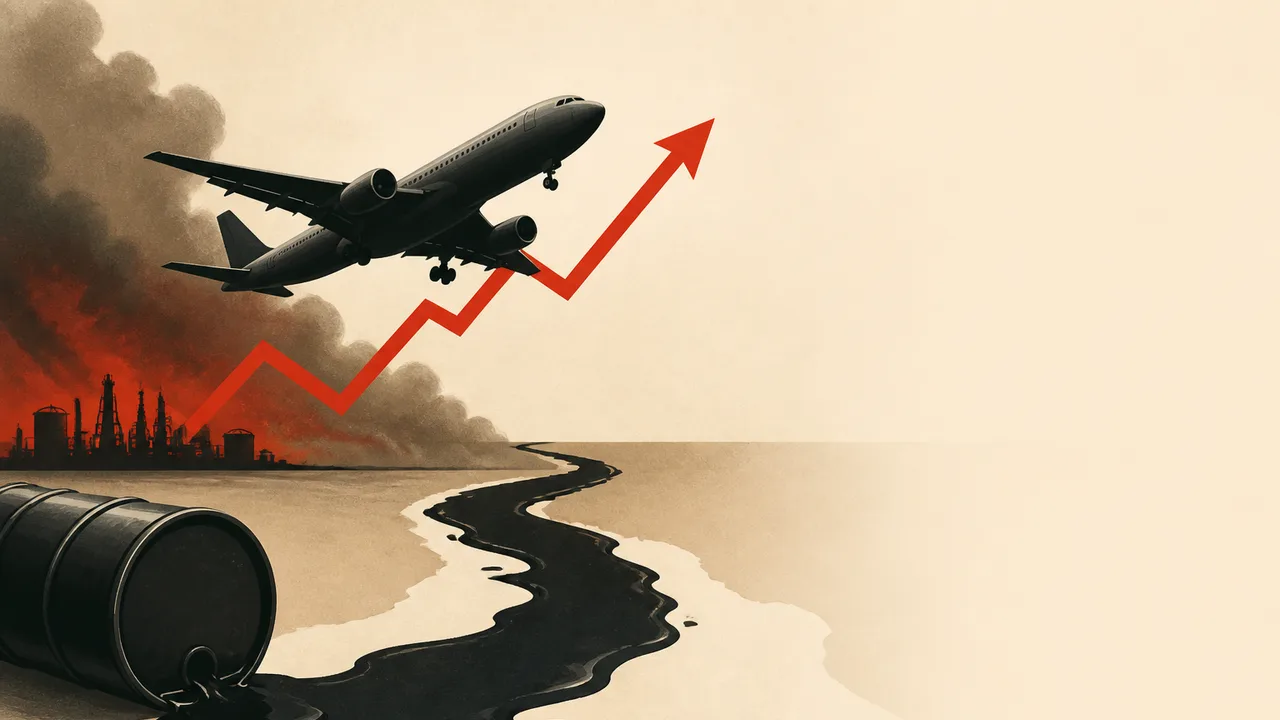 A commercial airplane silhouetted against the sky with a gas station price sign showing high fuel prices and a Vox logo in…