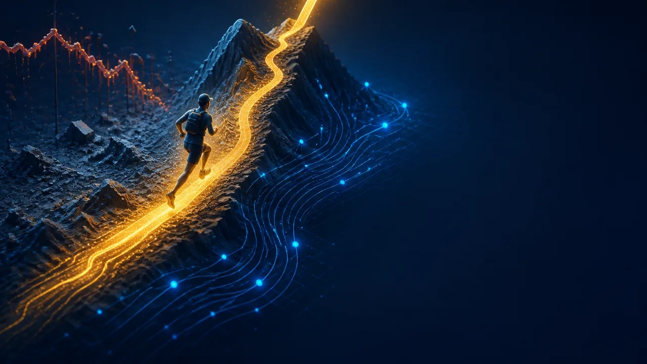 Man jogging through desert landscape with glowing green upward arrow chart and "+249%" text overlay indicating growth metrics