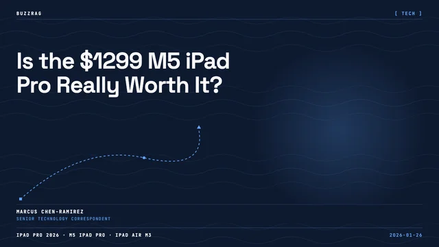 Hand holding iPad Pro displaying web browser and apps with M5 chip logo, neon lighting in background