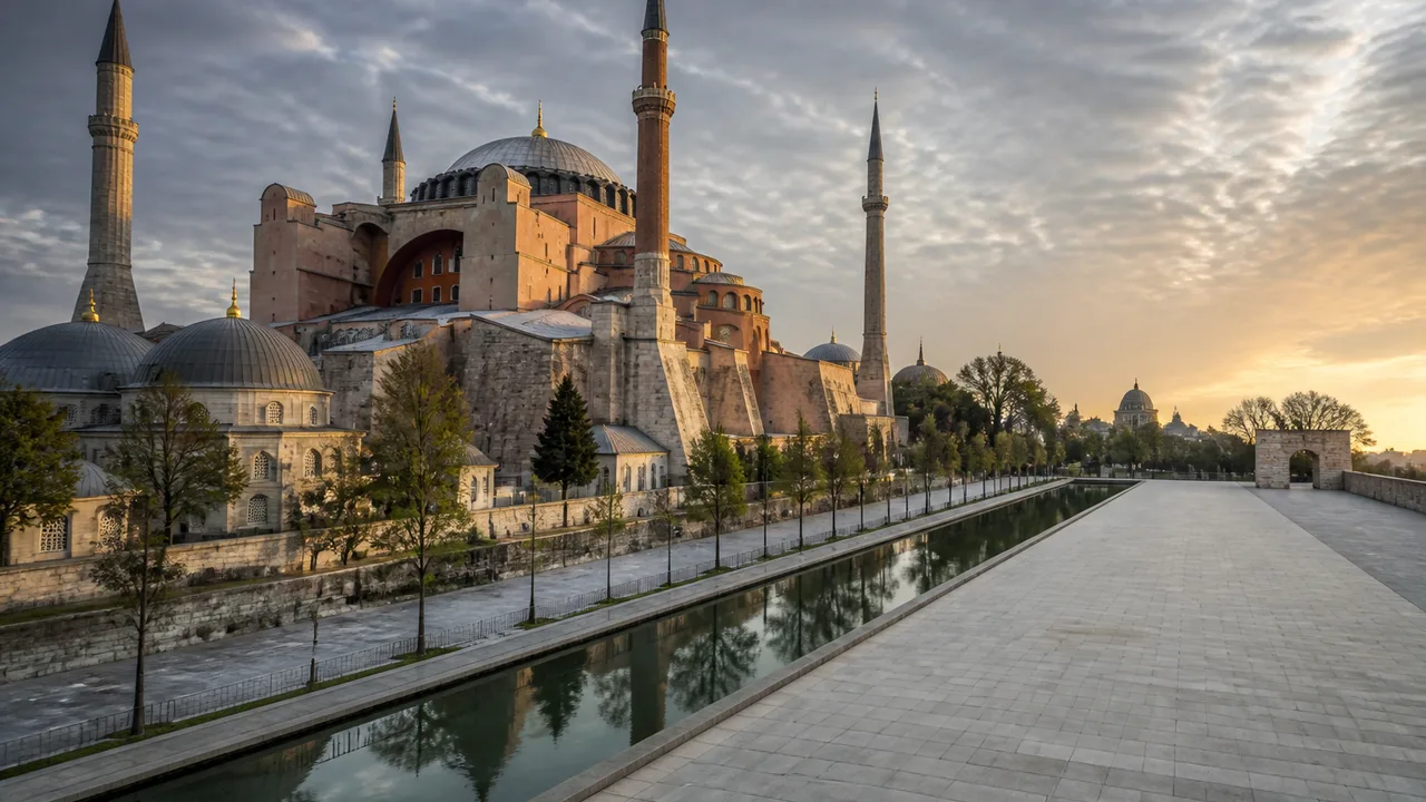Man in blue shirt smiling on a boat with a white Ottoman mosque and Istanbul waterfront skyline in the background