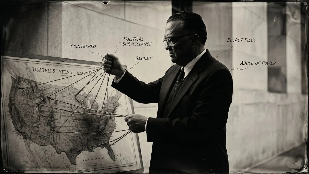 Black and white portrait of a man in formal attire with text overlay about J. Edgar Hoover's secrets and shocking details.