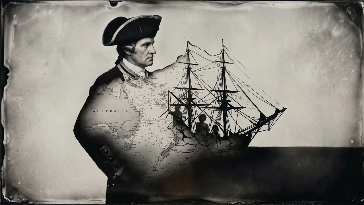 Portrait of an 18th-century man alongside a sailing ship in stormy seas with British flag, titled "Mapping the World