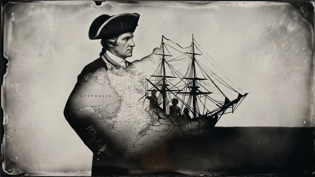 Portrait of an 18th-century man alongside a sailing ship in stormy seas with British flag, titled "Mapping the World