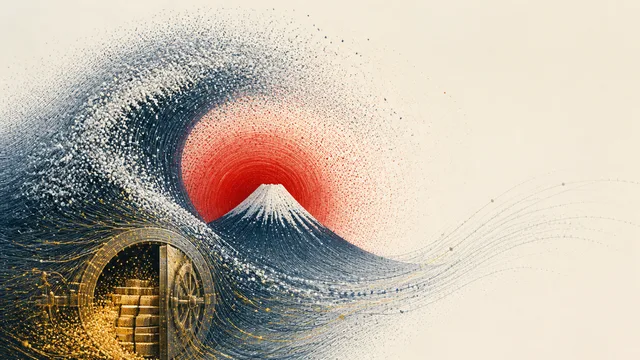 A map of Japan colored in red with a chained debt ball, alongside a man's portrait, illustrating Japan's debt situation…