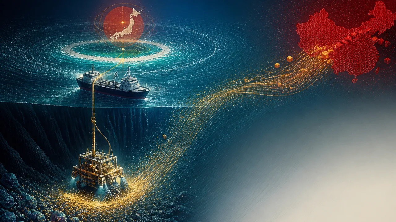 A specialized mining vessel with a large drill tower and collection equipment sits in blue waters, labeled with…