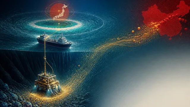 A specialized mining vessel with a large drill tower and collection equipment sits in blue waters, labeled with…
