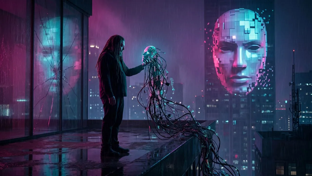 Two men flank large white and red text reading "AI IS THE IDEOLOGY" against a dystopian cityscape background with a glowing…