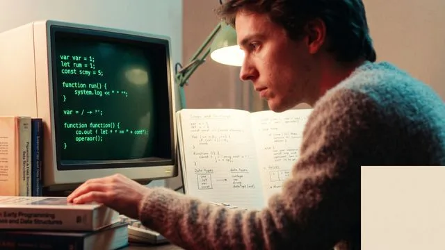 Man wearing headphones with thoughtful expression next to yellow JavaScript logo and "JavaScript Crash Course for…