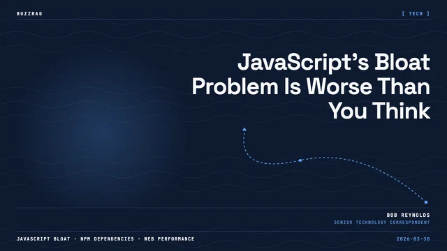 James Garbutt with a concerned expression next to a dependency diagram illustrating JavaScript bloat sources